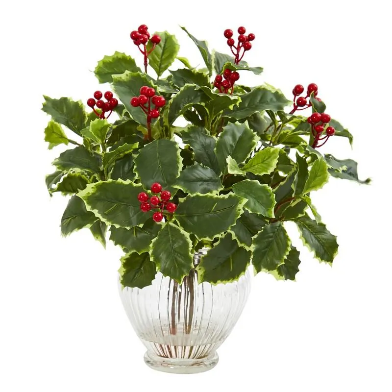 15"  Variegated Holly Leaf Artificial Plant in Vase (Real Touch)