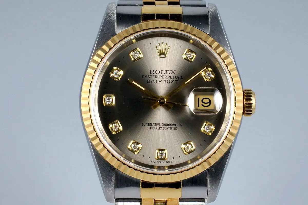 1995 Rolex Two Tone DateJust 16233 Factory Diamond Gray Dial