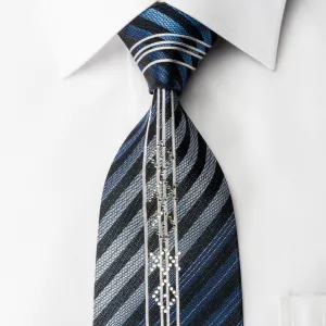 Arnaldo Bassini Silk Necktie Striped On Blue Sparkling With Rhinestones