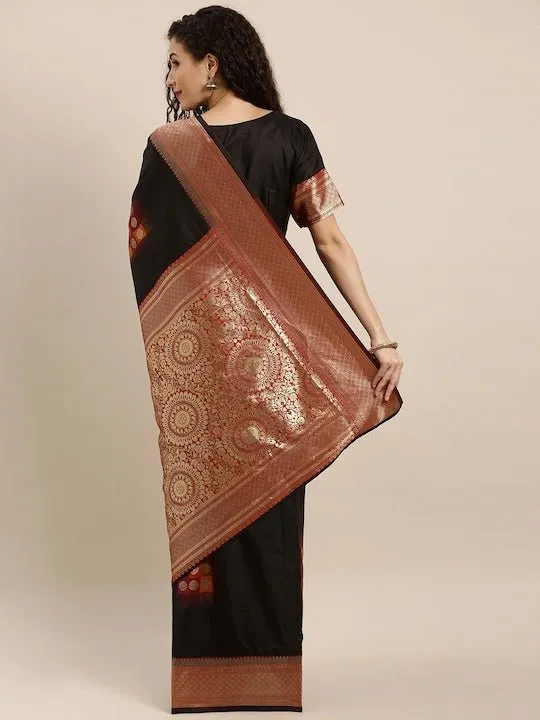 Black & Red Silk Blend Woven Design Saree