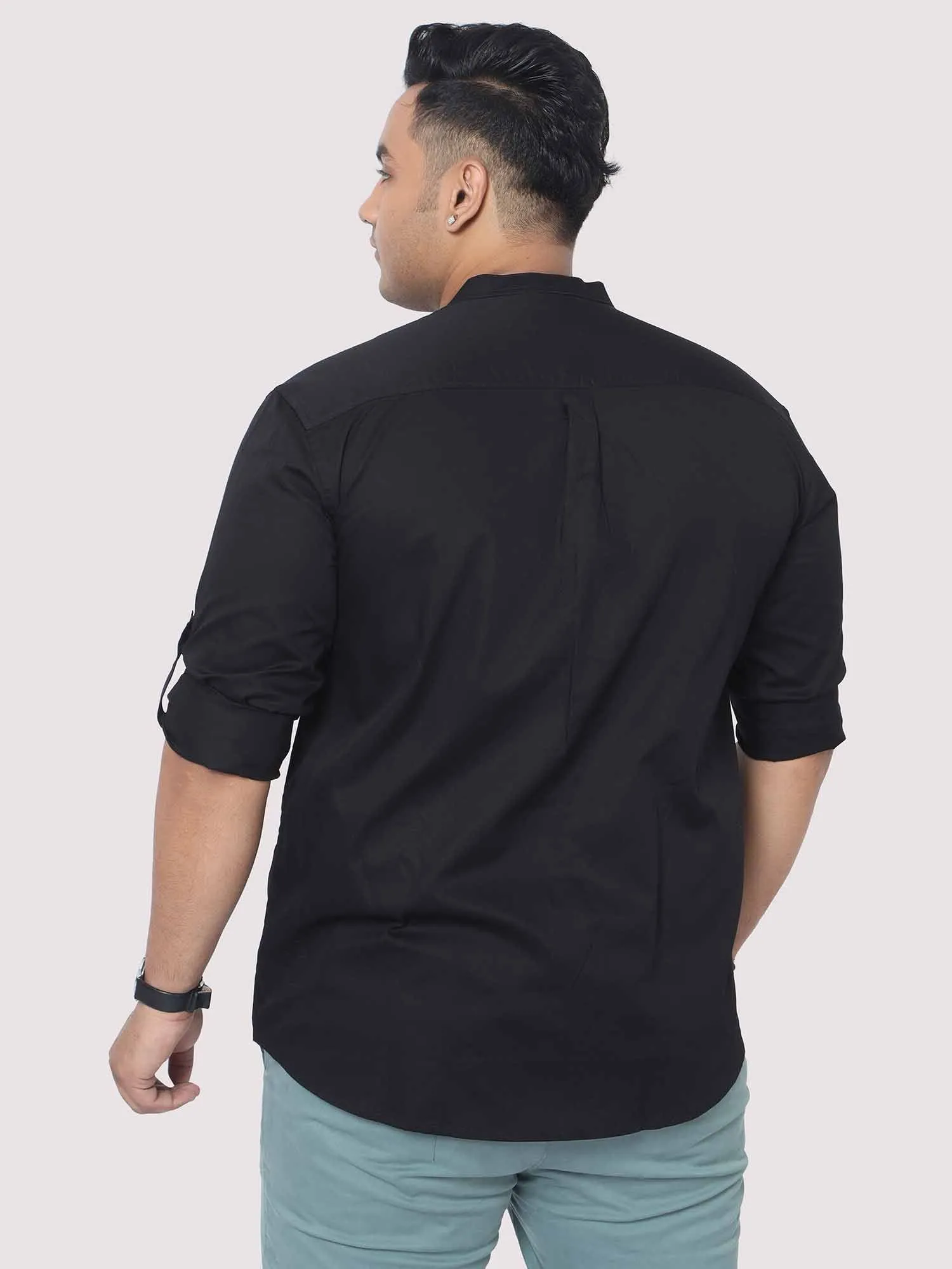 Black Mandarin Collar Men's Plus Size Cotton Full Shirt