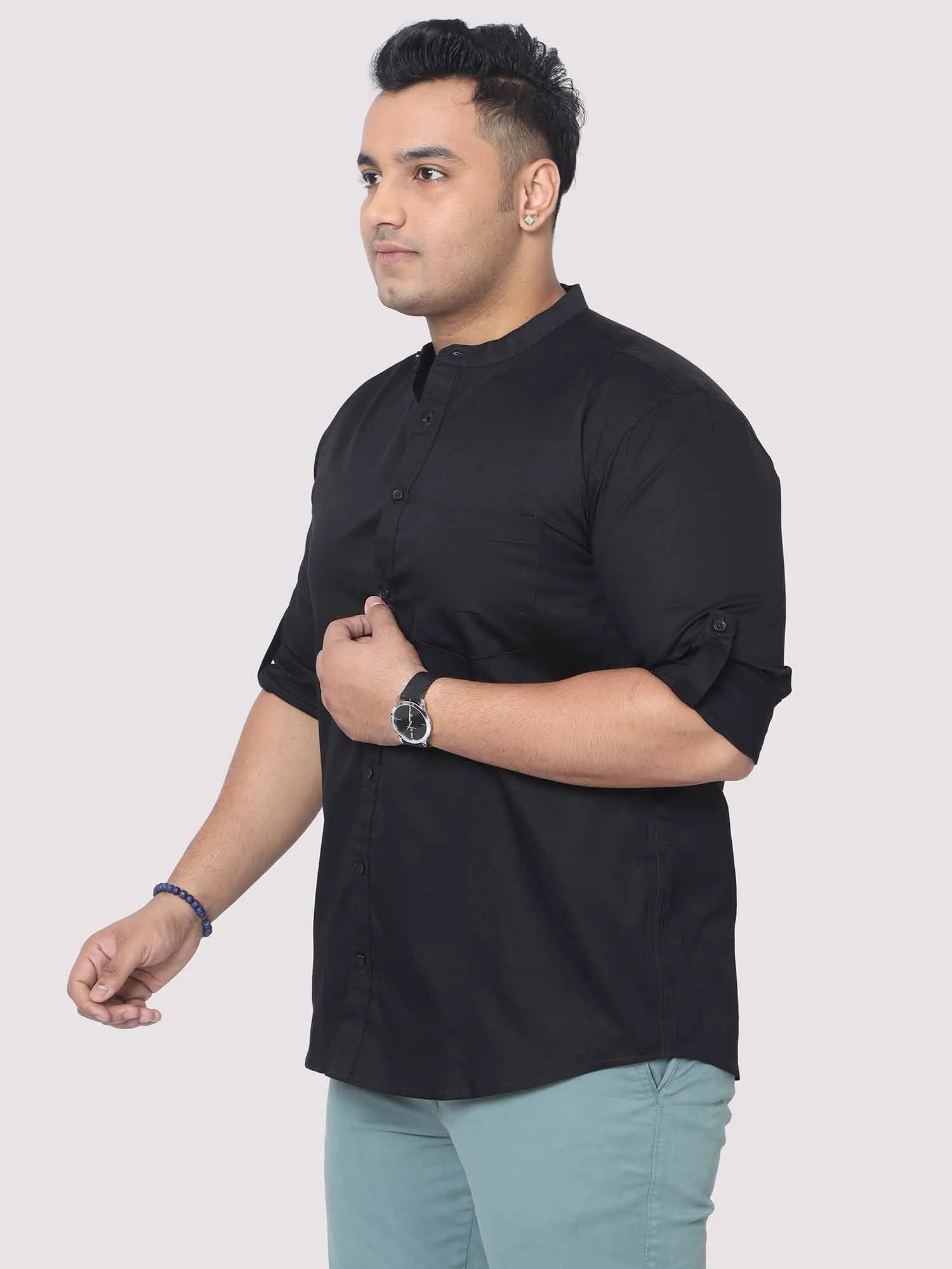 Black Mandarin Collar Men's Plus Size Cotton Full Shirt