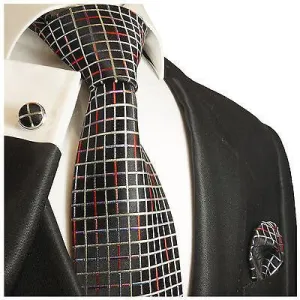 Black Squared Slim Silk Necktie Set by Paul Malone