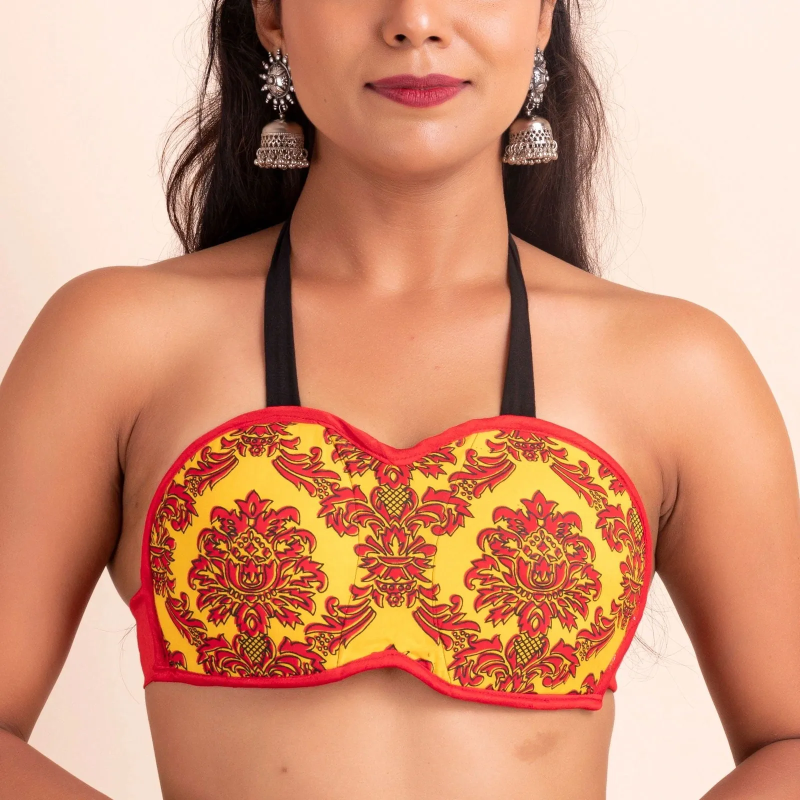 Block Printed Yellow Backless Backless Halter Neck Bikini Blouse with Padded Bust in Cotton