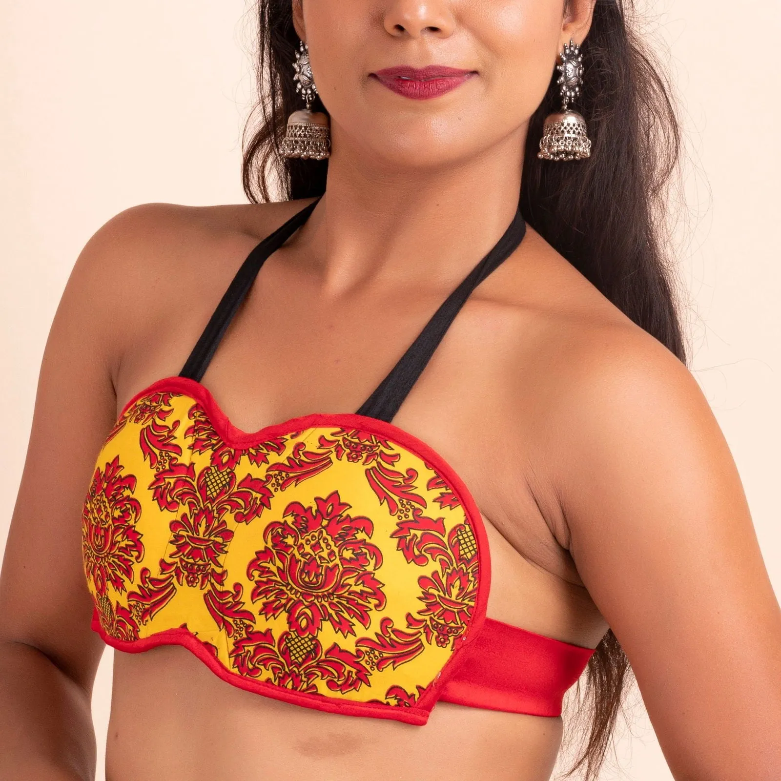 Block Printed Yellow Backless Backless Halter Neck Bikini Blouse with Padded Bust in Cotton