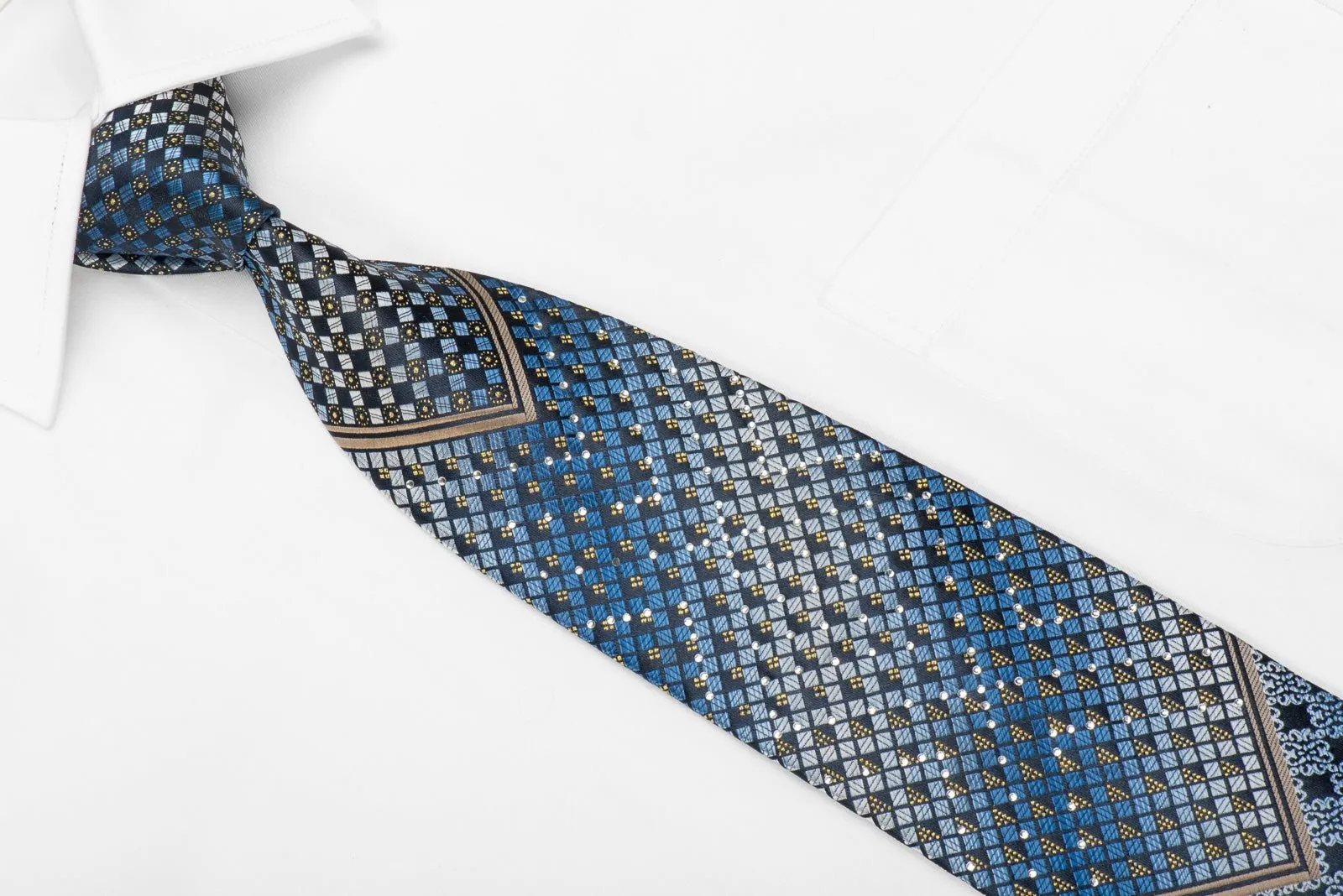 Blu Moon Men's Crystal Silk Necktie Blue Checkered & V-Striped On Navy With Gold Sparkles