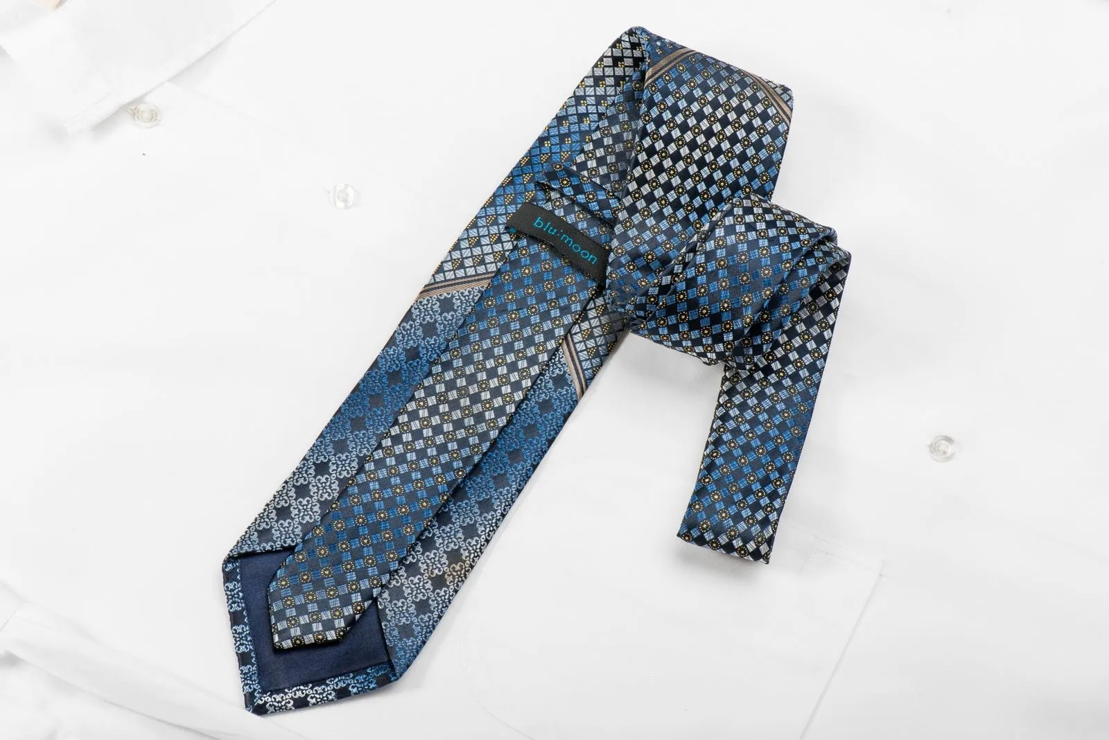 Blu Moon Men's Crystal Silk Necktie Blue Checkered & V-Striped On Navy With Gold Sparkles