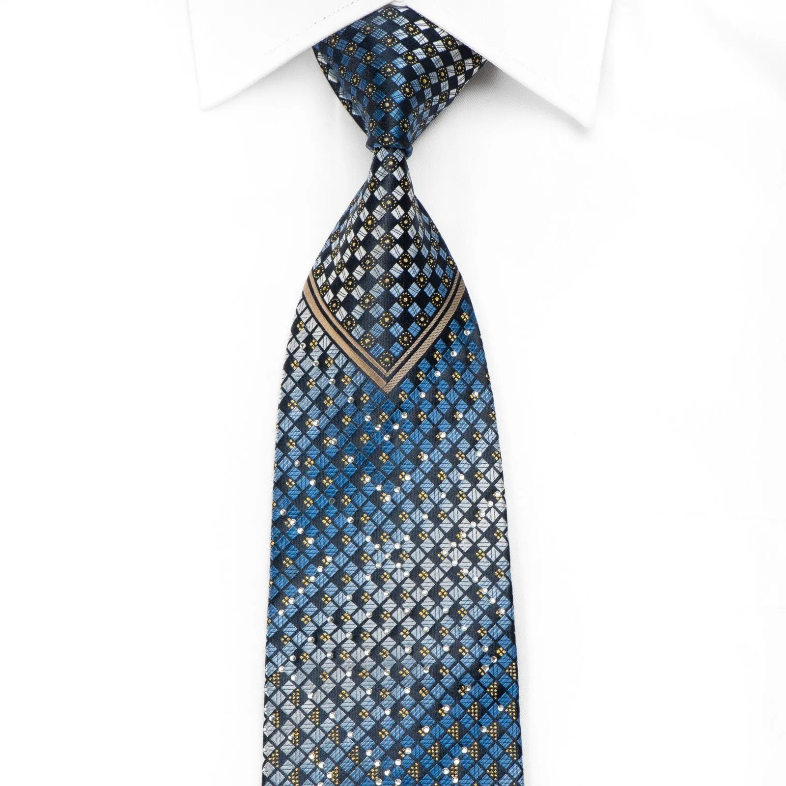 Blu Moon Men's Crystal Silk Necktie Blue Checkered & V-Striped On Navy With Gold Sparkles