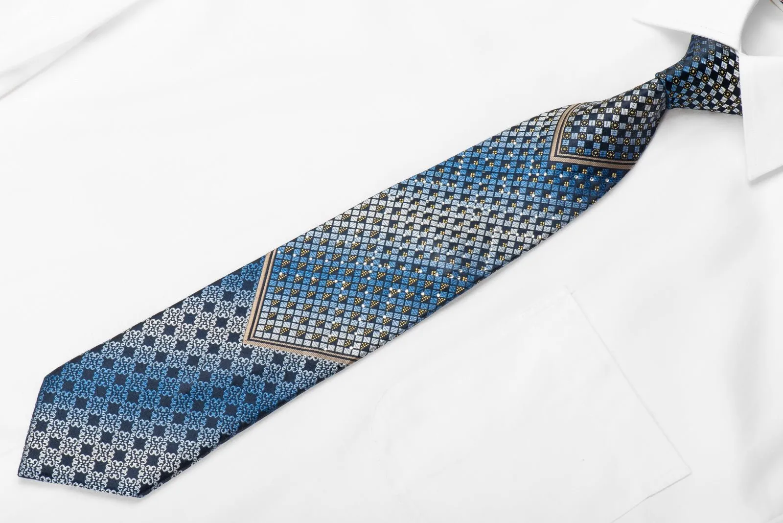 Blu Moon Men's Crystal Silk Necktie Blue Checkered & V-Striped On Navy With Gold Sparkles