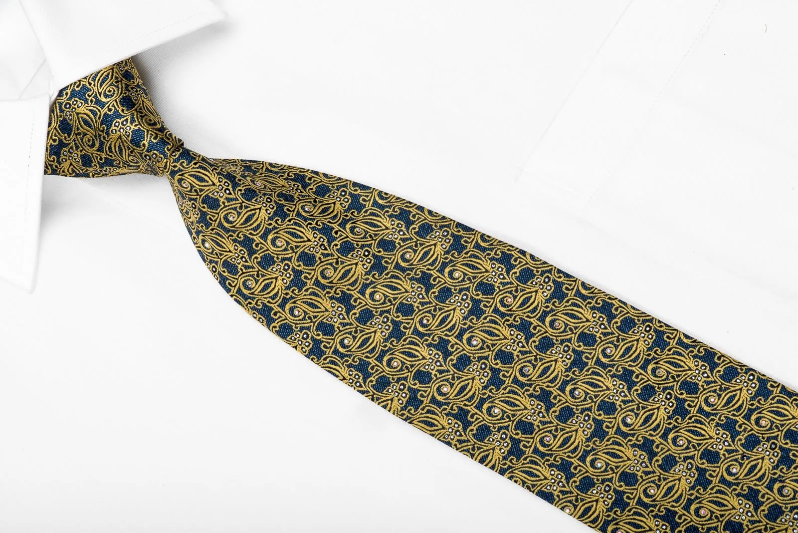 Blu Moon Men's Crystal Tie Yellow Anthemion On Blue With Silver Sparkles