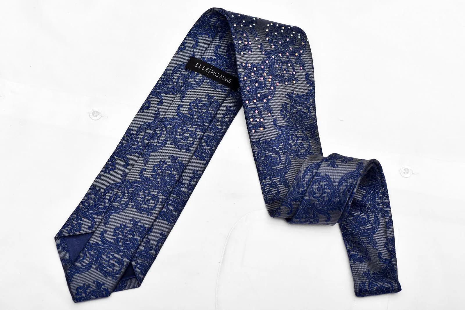 Blue Acanthus Scrolls On Dark Gray Silver Rhinestone Silk Necktie