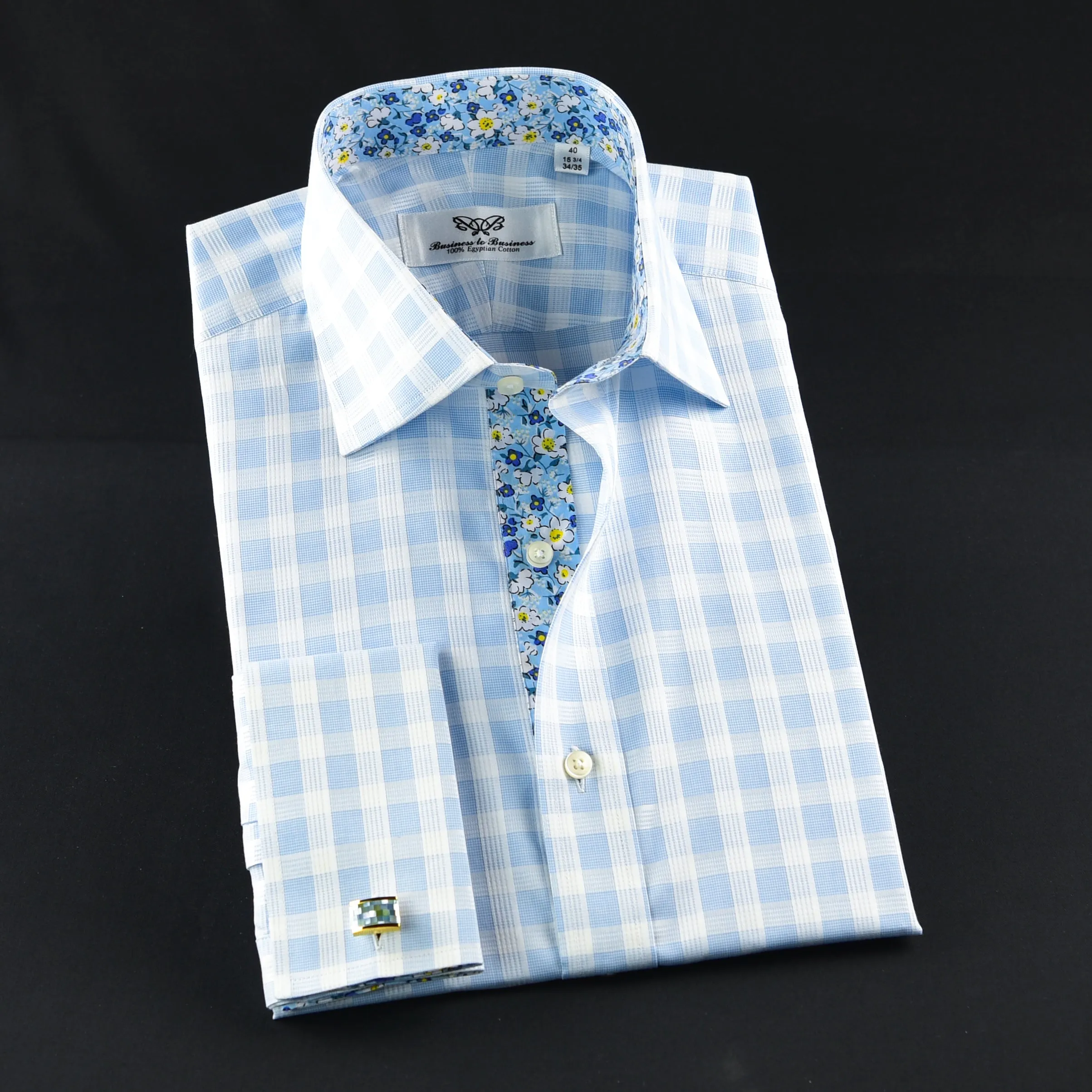 Blue Check Formal Business Dress Shirt Wih Blue Floral Inner Lining Double Cuff)