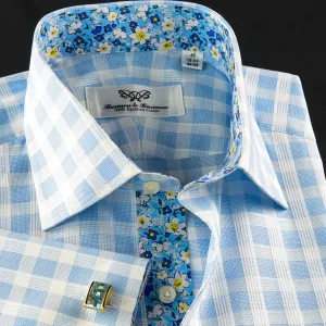 Blue Check Formal Business Dress Shirt Wih Blue Floral Inner Lining Double Cuff)