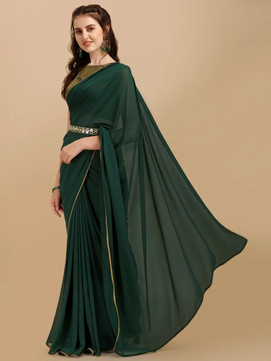 Bottle Green Woven Design Georgette Saree & Embellished Belt