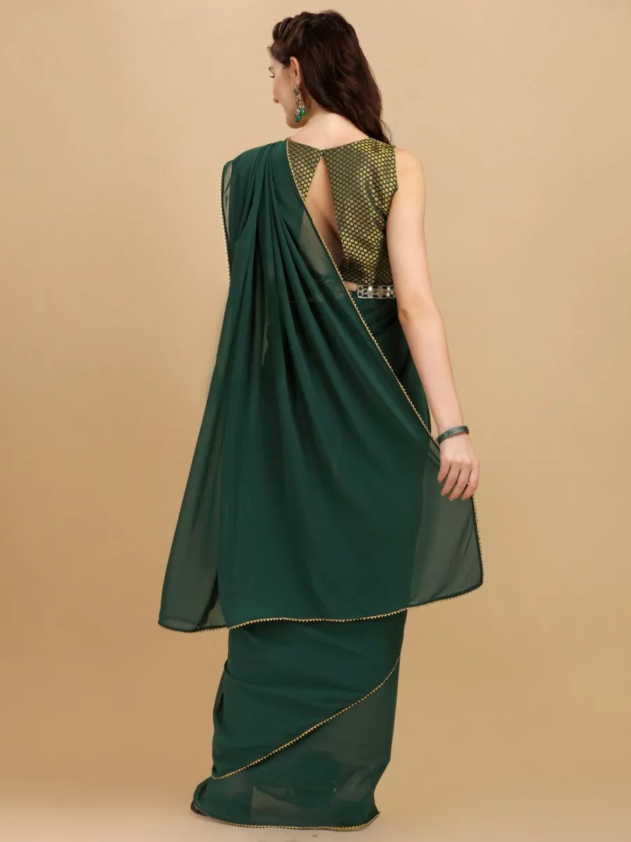 Bottle Green Woven Design Georgette Saree & Embellished Belt