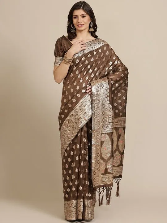 Brown & Golden Woven Design Silk Blend Banarasi Saree