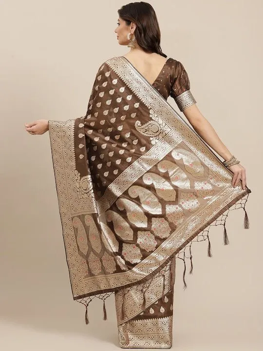 Brown & Golden Woven Design Silk Blend Banarasi Saree