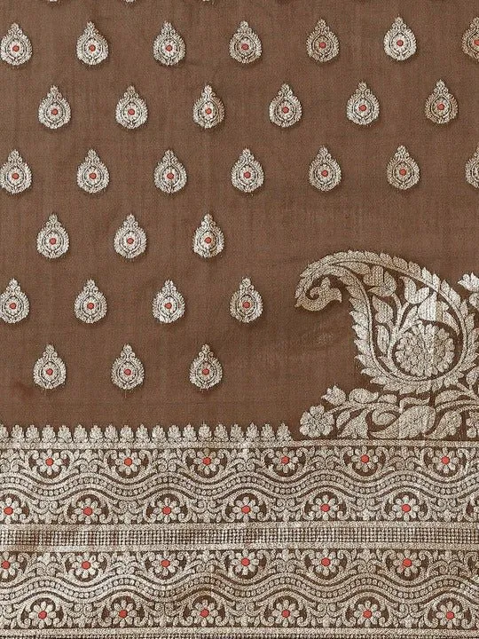 Brown & Golden Woven Design Silk Blend Banarasi Saree