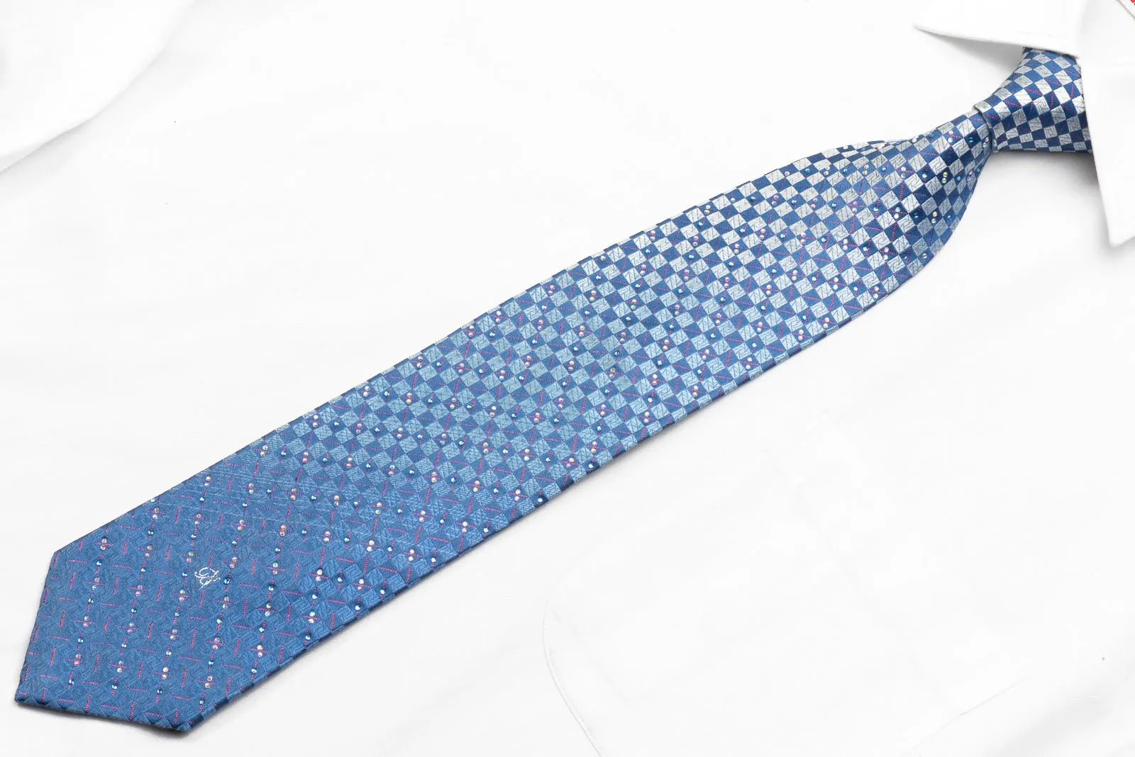 Bruno Baffi Men's Rhinestone Necktie Blue Checkered With Red Sparkles