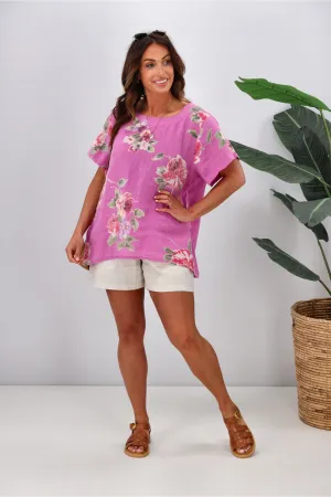 Cali & Co Floral Linen Top Hot Pink