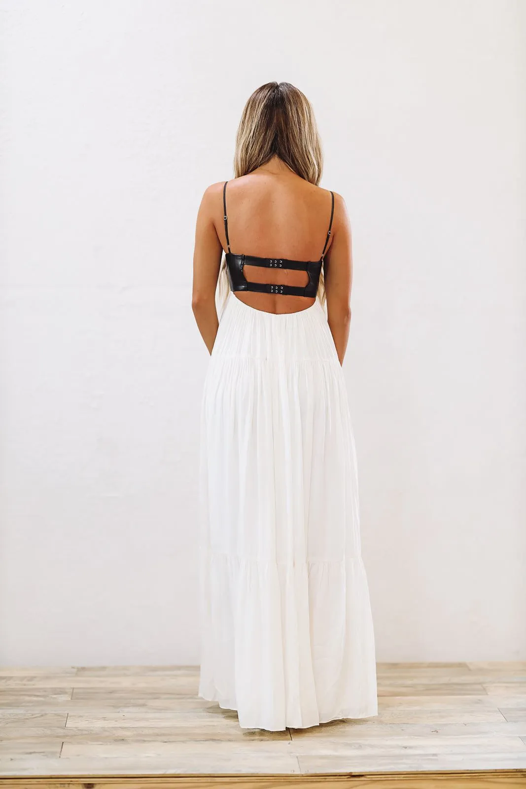 Caviar Dreams Maxi Dress - Ivory and Vegan Black Leather