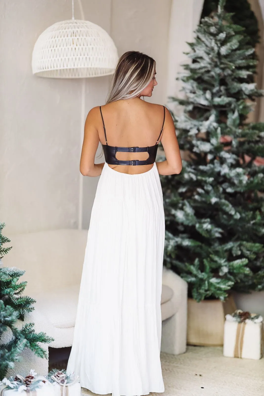 Caviar Dreams Maxi Dress - Ivory and Vegan Black Leather