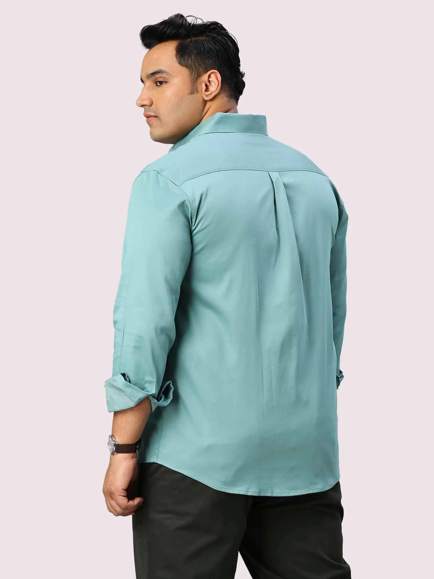 Celestial Blue Solid Stretchable Cotton Shirt Men's Plus Size