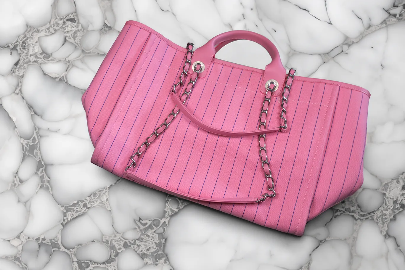 Chanel Canvas Calfskin Striped Medium Deauville Pink Tote Bag