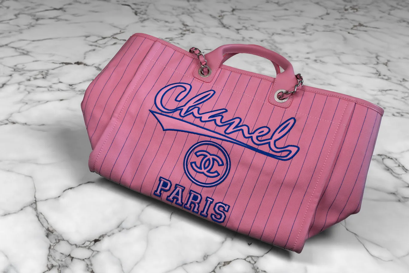 Chanel Canvas Calfskin Striped Medium Deauville Pink Tote Bag