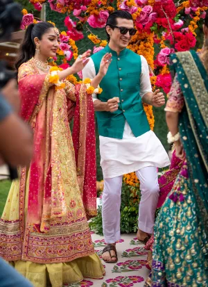 Creme Schiffli Kurta and Pajama - Peacock WaistCoat