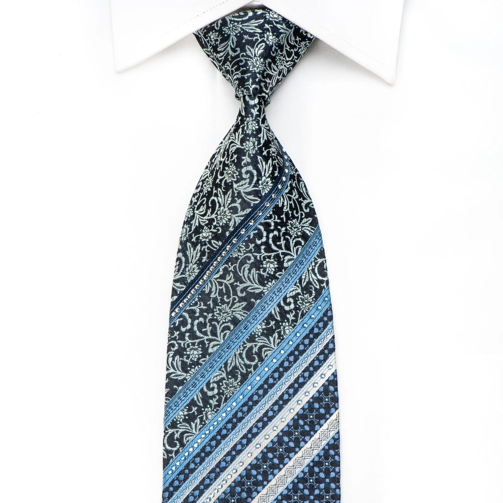 Crocodile Men's Crystal Silk Necktie Stripes & Acanthus On Blue With Sparkles