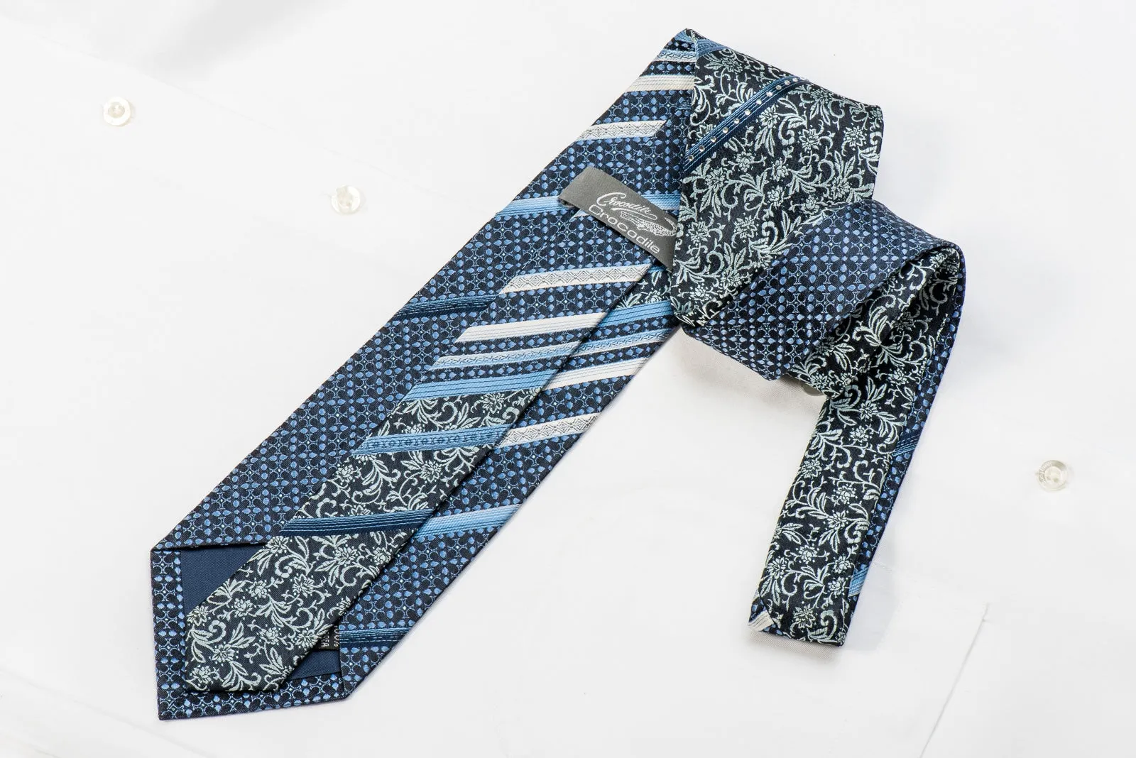 Crocodile Men's Crystal Silk Necktie Stripes & Acanthus On Blue With Sparkles