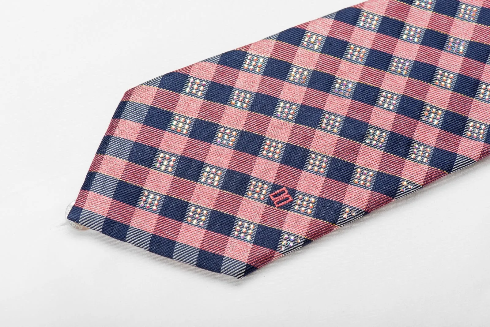 Daks Men's Crystal Silk Tie Blue Pink Plaid With Silver Sparkles