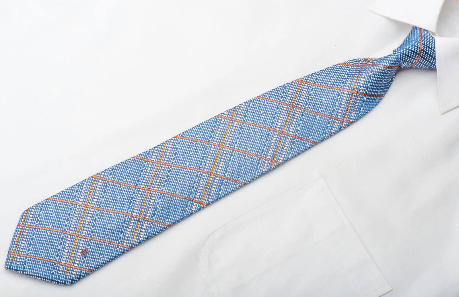 Daks Men's Silk Necktie Orange Silver Striped On Blue Sparkling With Crystal Rhinestones