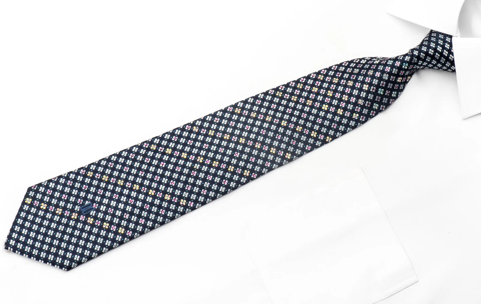 Daks Men's Silk Necktie Silver Checkered On Navy Sparkling With Rhinestones