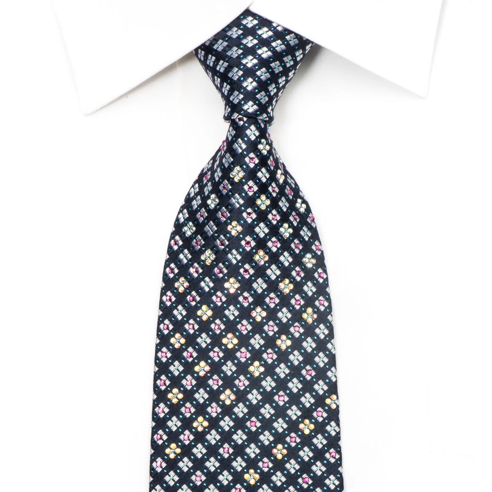 Daks Men's Silk Necktie Silver Checkered On Navy Sparkling With Rhinestones