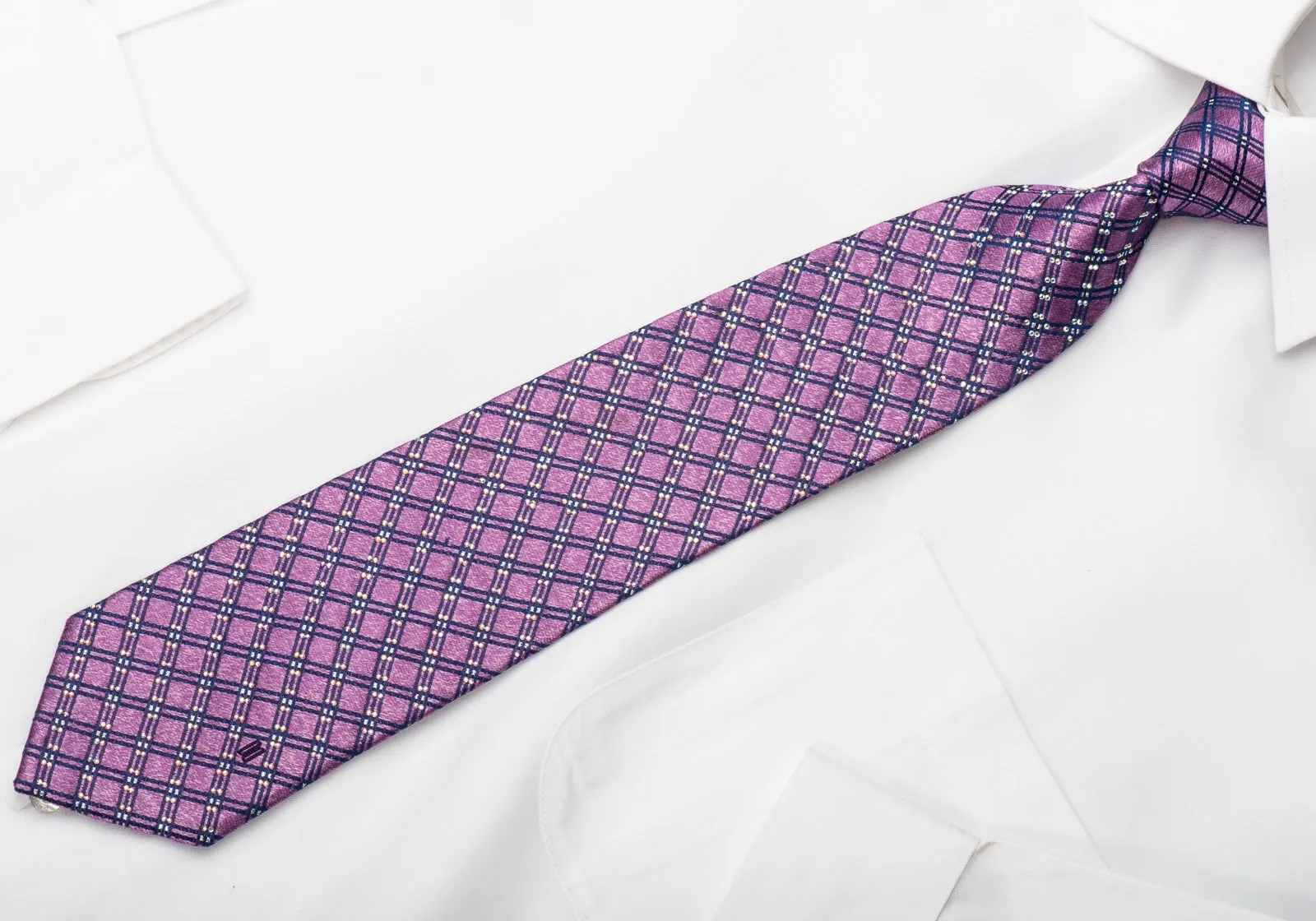 Daks Rhinestone Silk Necktie Blue Mauve Checkered With Silver Sparkles