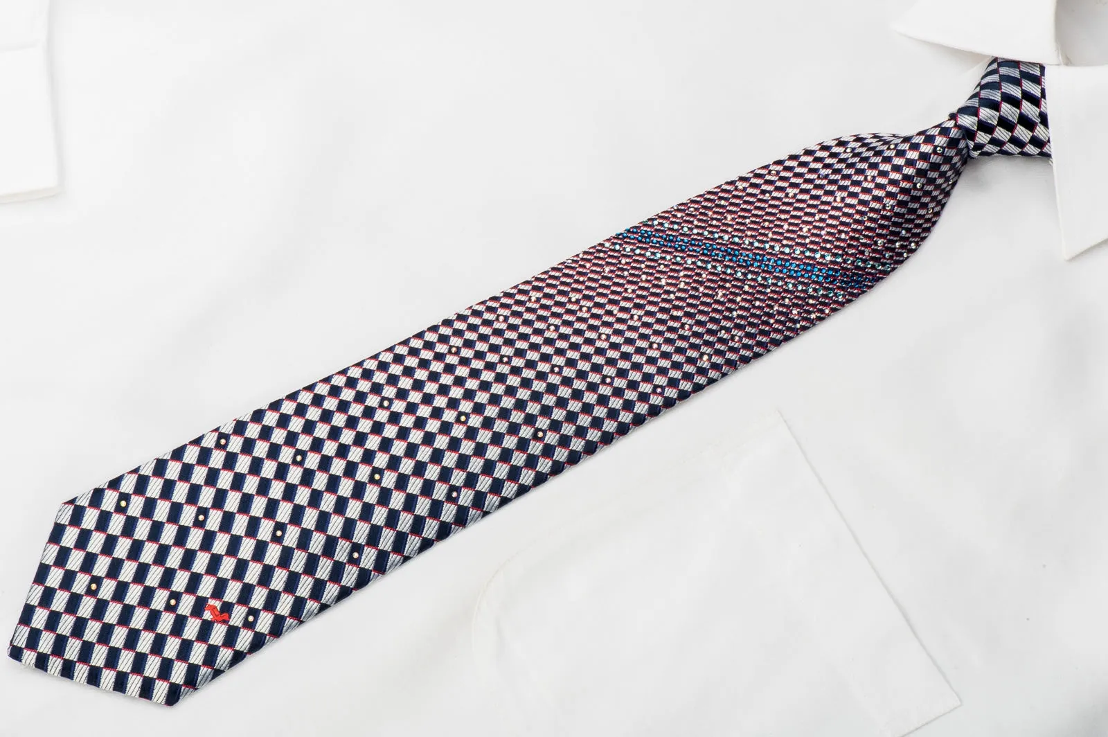 Daks Rhinestone Silk Necktie Silver Navy Checkered