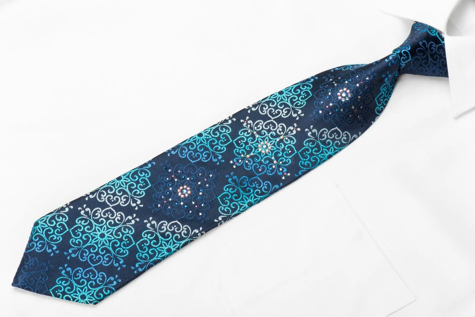 Daniel Hechter Men's Crystal Silk Tie Damask On Blue Sparkling With Rhinestones