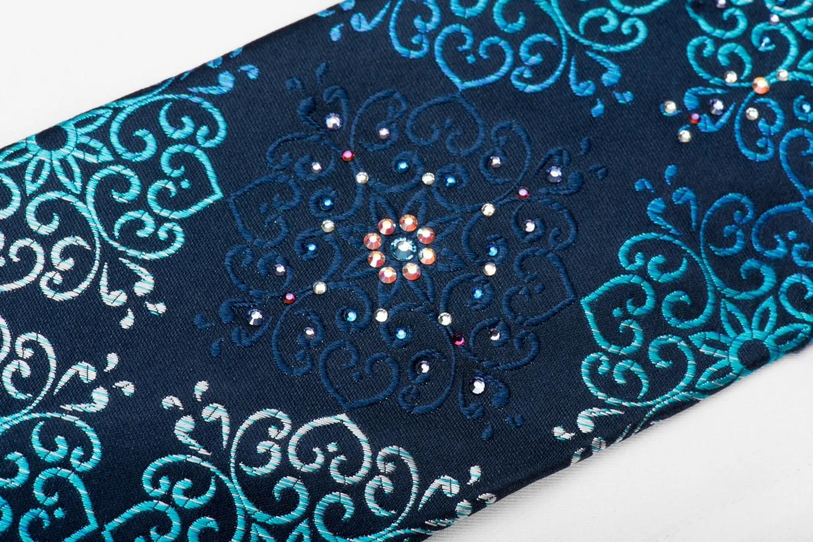 Daniel Hechter Men's Crystal Silk Tie Damask On Blue Sparkling With Rhinestones