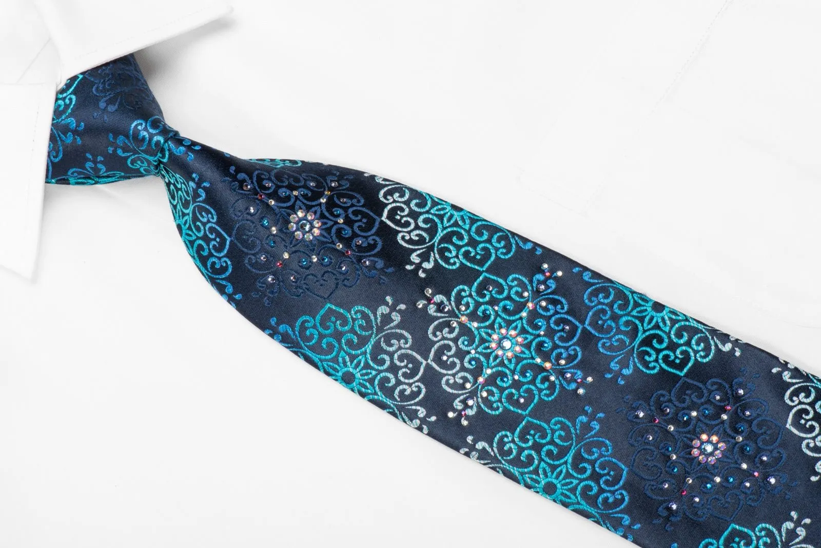 Daniel Hechter Men's Crystal Silk Tie Damask On Blue Sparkling With Rhinestones