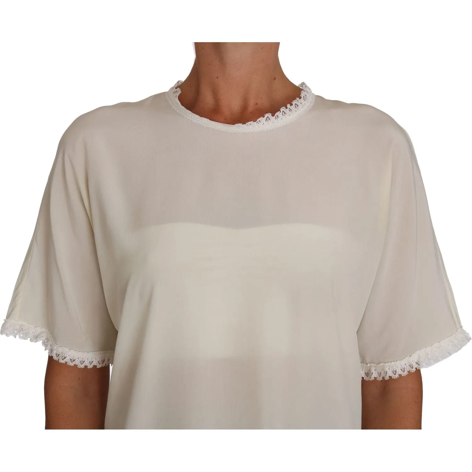 Dolce & Gabbana Cream Silk Lace-Detailed Blouse Top