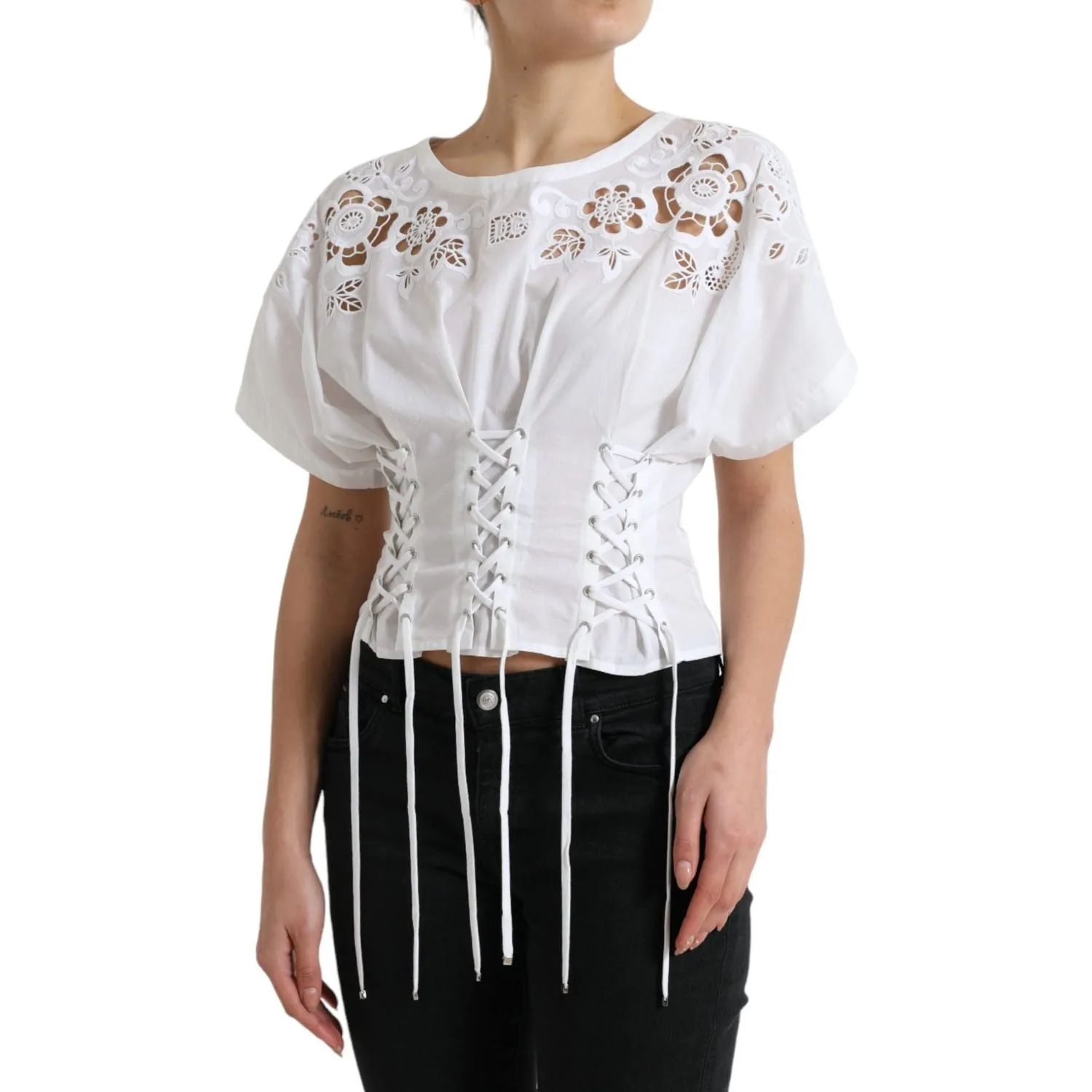 Dolce & Gabbana Elegant White Floral Lace-Up Blouse