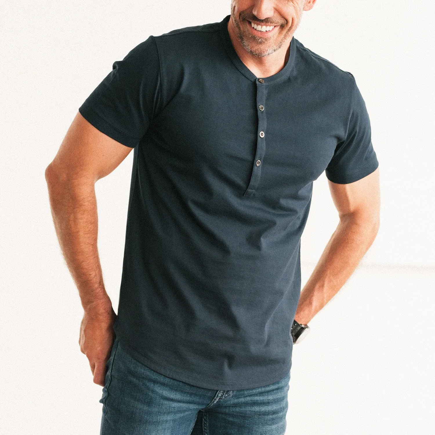 Essential Short Sleeve Curved Hem Henley –  Navy Cotton Jersey