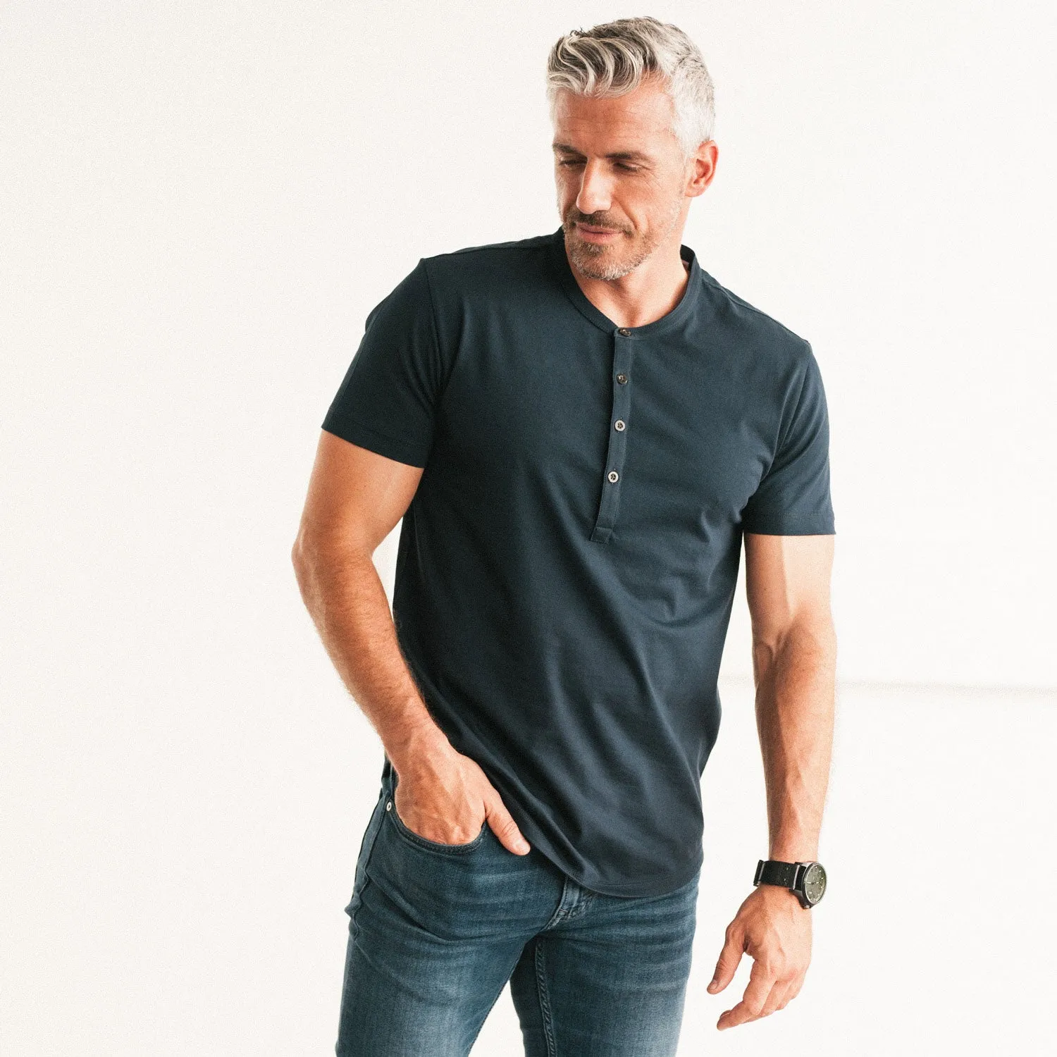 Essential Short Sleeve Curved Hem Henley –  Navy Cotton Jersey