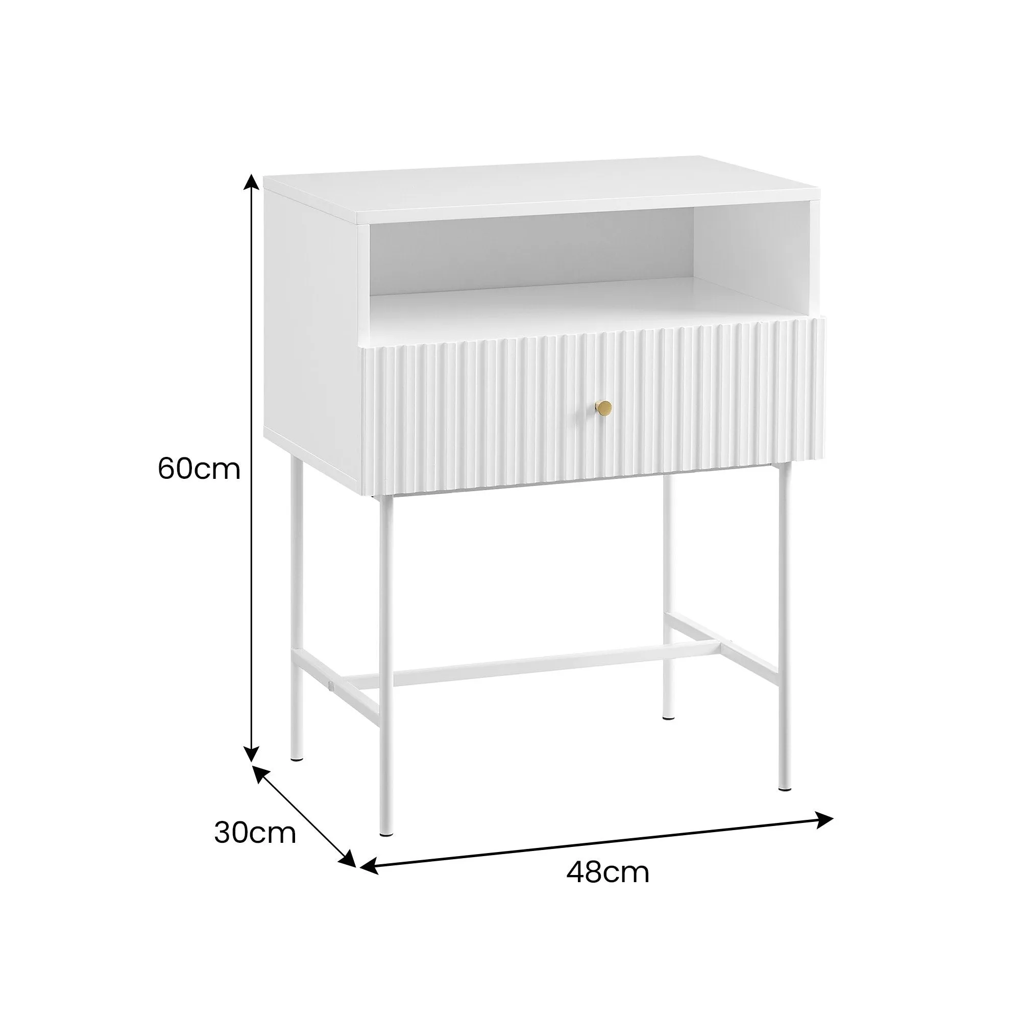 Fluted White Bedside Table with Drawer & Metal Legs