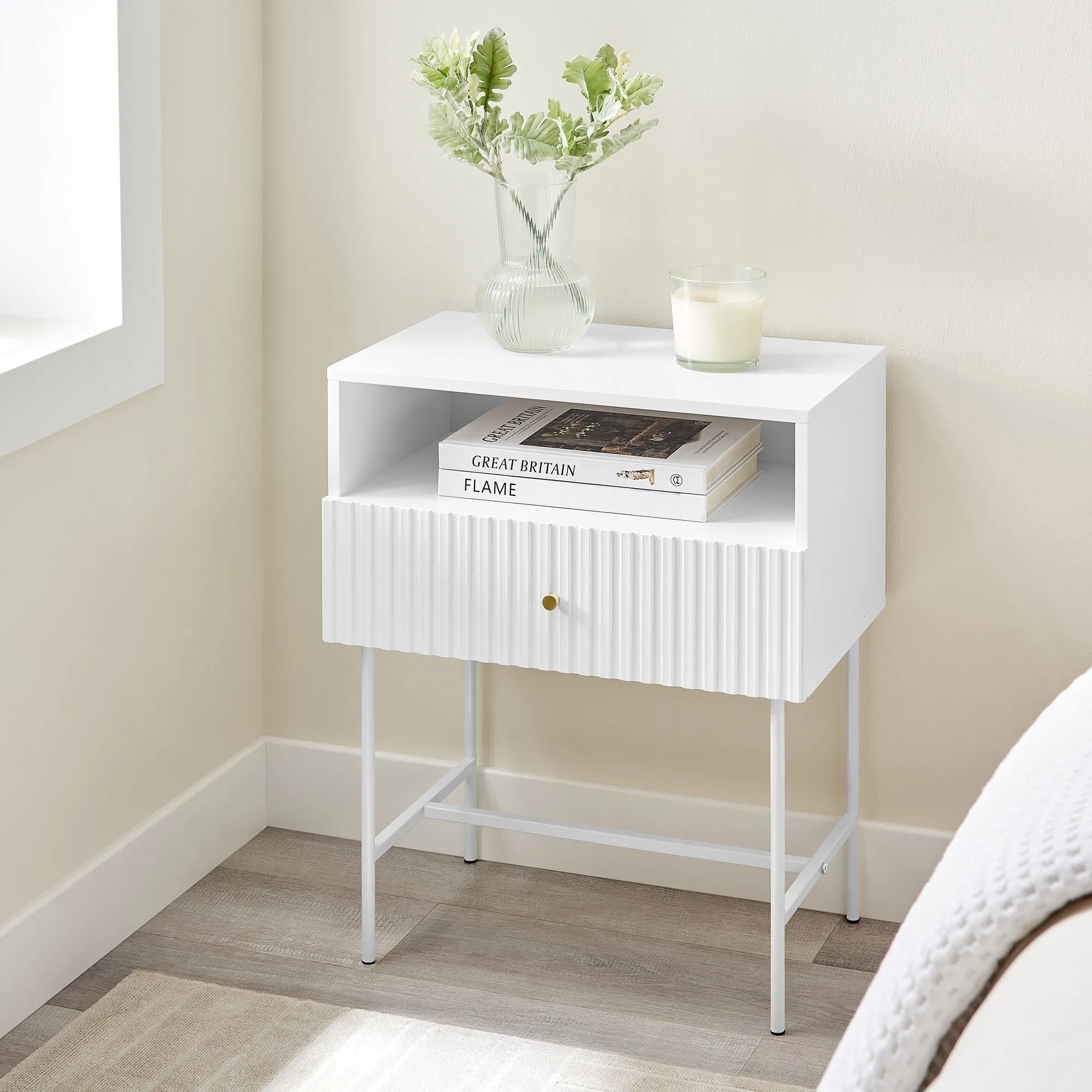 Fluted White Bedside Table with Drawer & Metal Legs