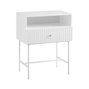 Fluted White Bedside Table with Drawer & Metal Legs