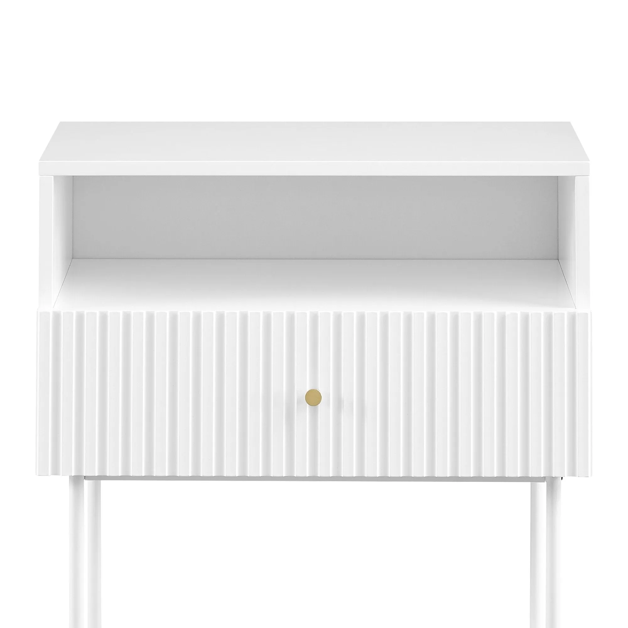 Fluted White Bedside Table with Drawer & Metal Legs