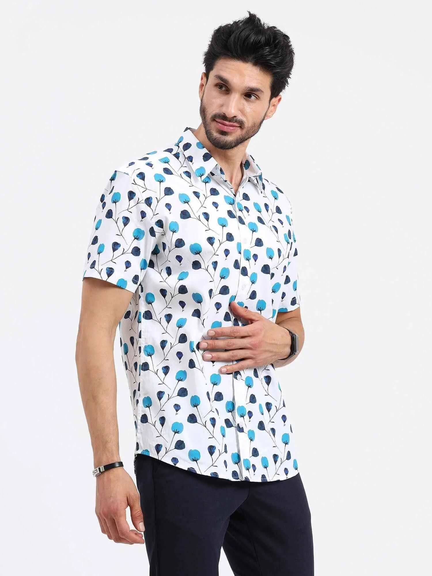 Frenso Blue Tulip Cotton Half Sleeve Shirt